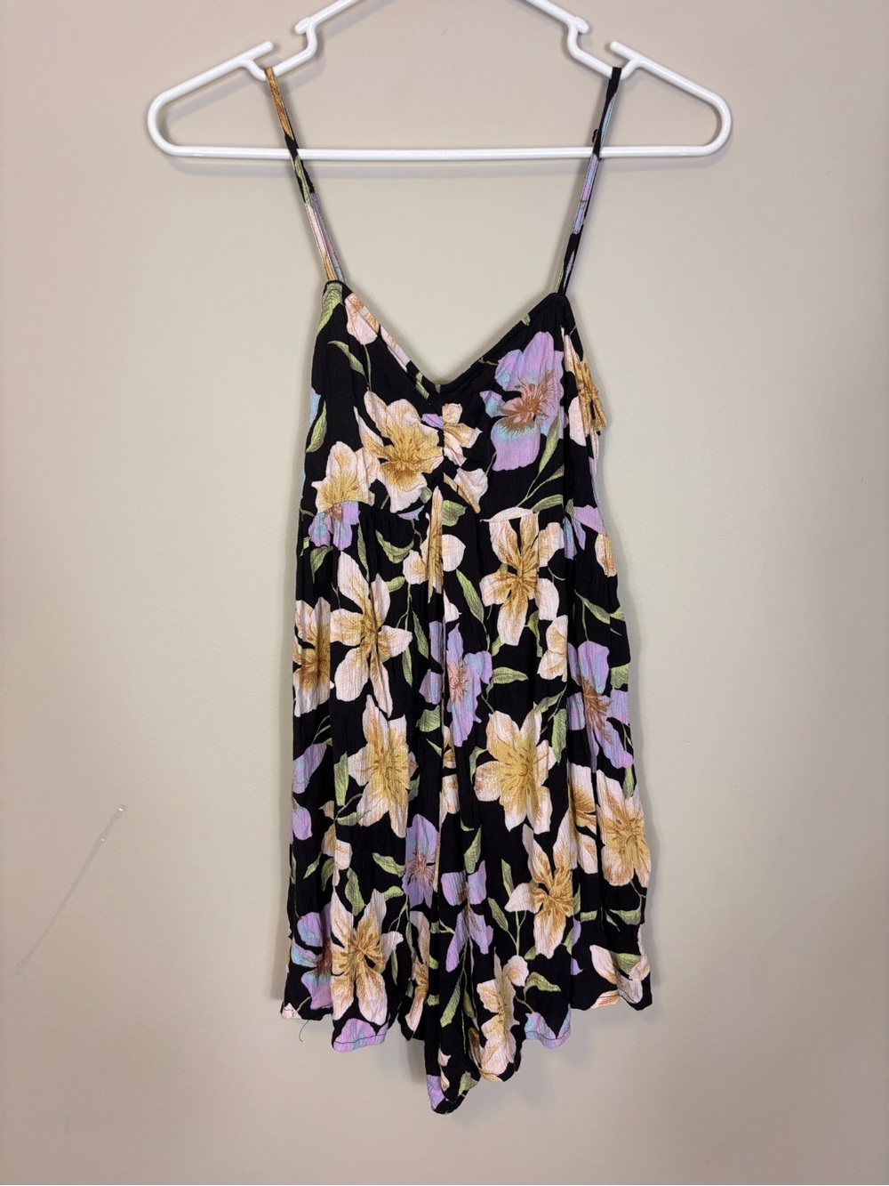Billabong Black Flowy Romper with Cream & Lilac Floral Print Medium